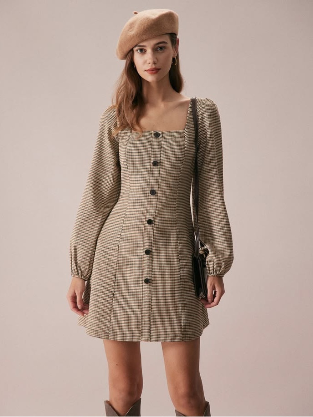 The RIHOAS The Khaki Square Neck Plaid Button Mini